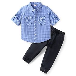 Babyhug Cotton Woven Full Sleeves Checkered Shirt & Trouser Set - Light Blue & Black