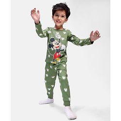 Babyhug Disney Single Jersey Knit Full Sleeves Winter  Night Suit  With Mickey Mouse Graphics - Olive Green
