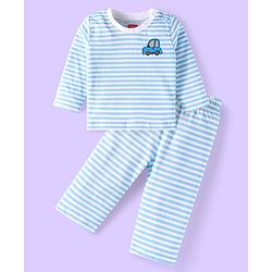 Babyhug Single Jersey Knit Full Sleeves Striped T-Shirt & Lounge Pant Set With Car Print - Light Blue & White
