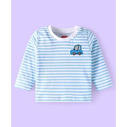 Babyhug Single Jersey Knit Full Sleeves Striped T-Shirt & Lounge Pant Set With Car Print - Light Blue & White