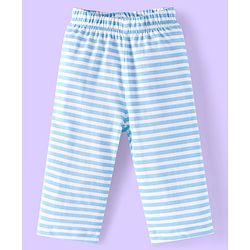Babyhug Single Jersey Knit Full Sleeves Striped T-Shirt & Lounge Pant Set With Car Print - Light Blue & White