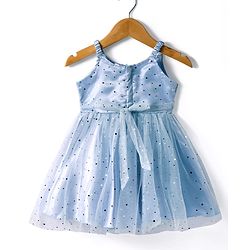 Babyhug Woven Sleeveless Party Wear Fit & Flare Dress With Foil Print  & Bow Detailing - Blue