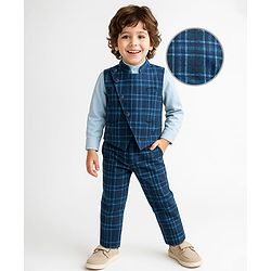Babyhug Woven Full Sleeves Checkered 3 Piece Party Suit - Light Blue