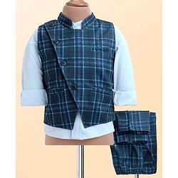 Babyhug Woven Full Sleeves Checkered 3 Piece Party Suit - Light Blue