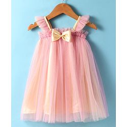 Babyhug Woven Singlet Sleeves Party Dress with Bow Applique & Frill Detailing - Pink