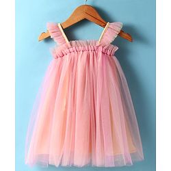 Babyhug Woven Singlet Sleeves Party Dress with Bow Applique & Frill Detailing - Pink