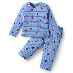Babyhug Single Jersey Knit Full Sleeves Striped T-Shirt & Lounge Pant Set With Star Print - Blue