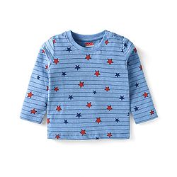Babyhug Single Jersey Knit Full Sleeves Striped T-Shirt & Lounge Pant Set With Star Print - Blue
