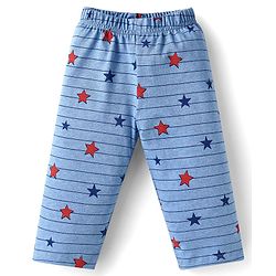 Babyhug Single Jersey Knit Full Sleeves Striped T-Shirt & Lounge Pant Set With Star Print - Blue