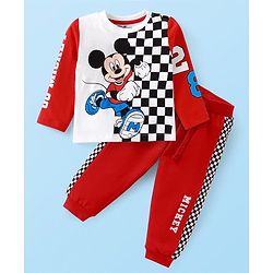 Babyhug Disney Terry Knit Full Sleeves T-Shirt & Lounge Pant Set With Mickey Mouse Graphics - Red & White