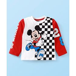 Babyhug Disney Terry Knit Full Sleeves T-Shirt & Lounge Pant Set With Mickey Mouse Graphics - Red & White