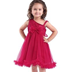Babyhug  Woven Sleeveless  Party Wear Fit & Flare  Glitter Dress With Embroidery Details & Bow Applique - Dark Pink