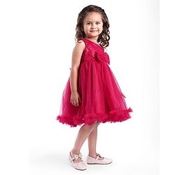 Babyhug  Woven Sleeveless  Party Wear Fit & Flare  Glitter Dress With Embroidery Details & Bow Applique - Dark Pink
