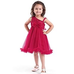 Babyhug  Woven Sleeveless  Party Wear Fit & Flare  Glitter Dress With Embroidery Details & Bow Applique - Dark Pink