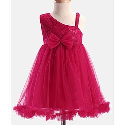 Babyhug  Woven Sleeveless  Party Wear Fit & Flare  Glitter Dress With Embroidery Details & Bow Applique - Dark Pink