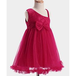 Babyhug  Woven Sleeveless  Party Wear Fit & Flare  Glitter Dress With Embroidery Details & Bow Applique - Dark Pink
