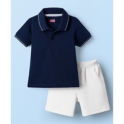 Babyhug Single Jersey Knit Half Sleeves Solid Color Polo T-Shirt and Shorts Set - Navy Blue