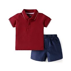 Babyhug Single Jersey Knit Half Sleeves Solid Colour Polo T-Shirt & Denim Shorts Set - Red & Blue