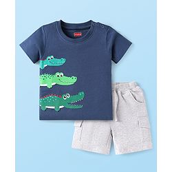 Babyhug Single Jersey Knit Half Sleeves T-Shirt & Shorts Set with Dino Print - Navy Blue & Grey