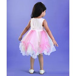 Babyhug Woven Sleeveless Party Dress With Glitter Print & Floral Applique - White & Pink