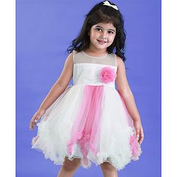 Babyhug Woven Sleeveless Party Dress With Glitter Print & Floral Applique - White & Pink