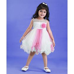 Babyhug Woven Sleeveless Party Dress With Glitter Print & Floral Applique - White & Pink