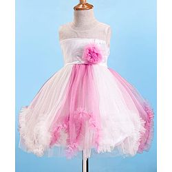 Babyhug Woven Sleeveless Party Dress With Glitter Print & Floral Applique - White & Pink