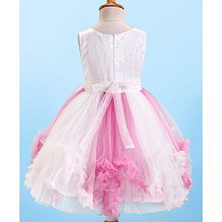 Babyhug Woven Sleeveless Party Dress With Glitter Print & Floral Applique - White & Pink