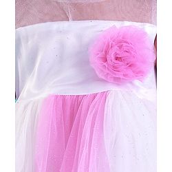 Babyhug Woven Sleeveless Party Dress With Glitter Print & Floral Applique - White & Pink
