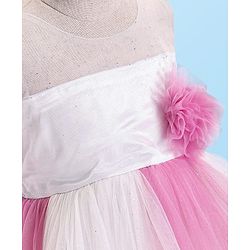 Babyhug Woven Sleeveless Party Dress With Glitter Print & Floral Applique - White & Pink