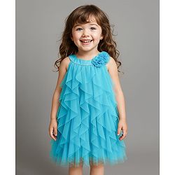 Babyhug Woven Sleeveless Dress With Ruffle & Floral Applique - Light Blue