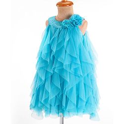 Babyhug Woven Sleeveless Dress With Ruffle & Floral Applique - Light Blue