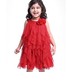Babyhug Woven Sleeveless Line Mesh Party Dress with Ruffles & Floral Applique - Red