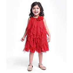 Babyhug Woven Sleeveless Line Mesh Party Dress with Ruffles & Floral Applique - Red
