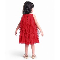 Babyhug Woven Sleeveless Line Mesh Party Dress with Ruffles & Floral Applique - Red