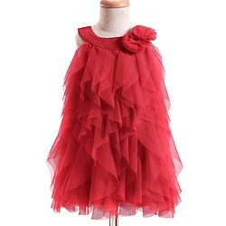 Babyhug Woven Sleeveless Line Mesh Party Dress with Ruffles & Floral Applique - Red