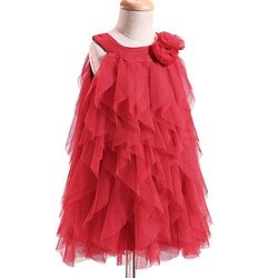 Babyhug Woven Sleeveless Line Mesh Party Dress with Ruffles & Floral Applique - Red