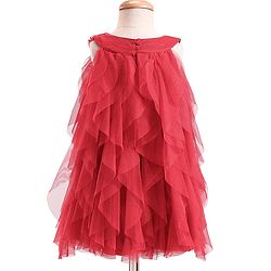 Babyhug Woven Sleeveless Line Mesh Party Dress with Ruffles & Floral Applique - Red
