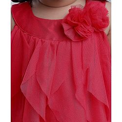 Babyhug Woven Sleeveless Line Mesh Party Dress with Ruffles & Floral Applique - Red