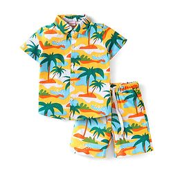 Babyhug Single Jersey Knit Half Sleeves Shirt & Shorts Set with Beach Theme Print - Yellow