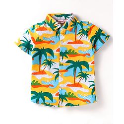 Babyhug Single Jersey Knit Half Sleeves Shirt & Shorts Set with Beach Theme Print - Yellow