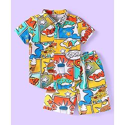 Babyhug Single Jersey Knit Half Sleeves Shirt & Shorts Set with Comic Text Print - Yellow & Blue