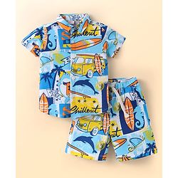 Babyhug 100% Cotton Single Jersey Knit Half Sleeves Shirt & Shorts Set with Beach Theme Print - Light Blue