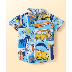 Babyhug 100% Cotton Single Jersey Knit Half Sleeves Shirt & Shorts Set with Beach Theme Print - Light Blue