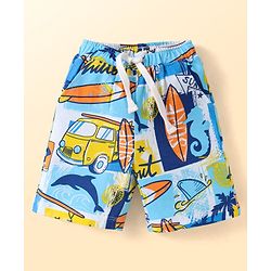 Babyhug 100% Cotton Single Jersey Knit Half Sleeves Shirt & Shorts Set with Beach Theme Print - Light Blue