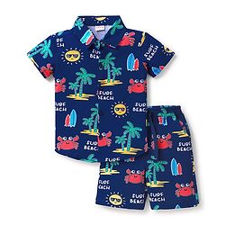 Babyhug Single Jersey Knit Shirt & Shorts Set Beach Theme Print - Navy Blue