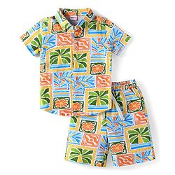 Babyhug Single Jersey Knit Half Sleeves Shirt & Shorts Co-Ords Set with Tropical Print - Yellow & Blue