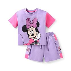 Babyhug Disney Cotton Knit Drop Shoulder Half Sleeves T-shirt & Shorts With Minnie Mouse Graphics and Foil Detailing - Lilac