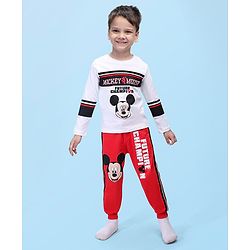 Babyhug Disney Single Jersey Knit Full Sleeves T-Shirt & Lounge Pant Set With Mickey Mouse Graphics - Red & White
