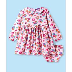 Babyhug Cotton Knit Full Peasant Sleeves Floral Printed Peter Pan Collared Frock with Bow Detailing - Pink & Blue
